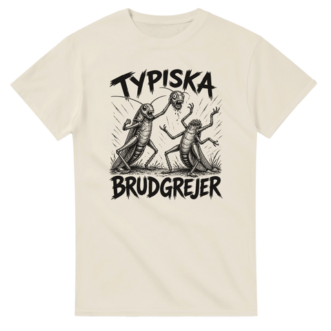 Grafiskt motiv med texten Typiska brudgrejer på naturvit t-shirt