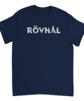 Vit text "RÖVHÅL" med sliten effekt på marinblå t-shirt, provokativ design.
