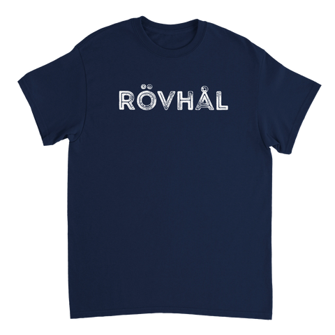 Vit text "RÖVHÅL" med sliten effekt på marinblå t-shirt, provokativ design.