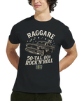 Svart t-shirt med raggarmotiv, 50-talsbil och texten "Raggare 50-tal och Rock'n'Roll"