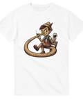 Kaxig sagofigur i retrostil med cigarr och vin på vit t-shirt