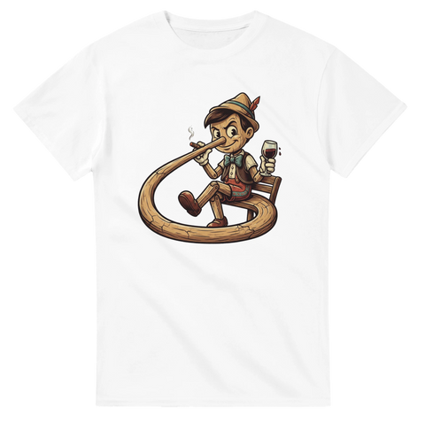 Kaxig sagofigur i retrostil med cigarr och vin på vit t-shirt