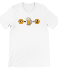Vit t-shirt med smileys och en ölsejdel som bildar en ekvation.