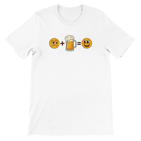 Vit t-shirt med smileys och en ölsejdel som bildar en ekvation.