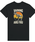 Retro T-rex skelett, solnedgång, träd, text "VARNING ARG FRU" på svart dam t-shirt.
