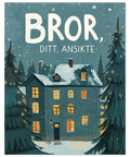 Närbild på en poster föreställande ett snöigt hus med upplysta fönster under en mörkblå vinterhimmel med snöfall.