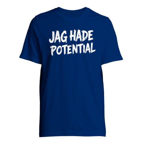 Vit grafisk text Jag hade potential på kungsblå t-shirt med attityd