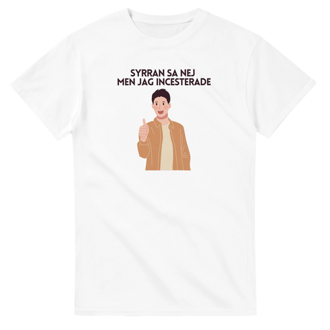 Vit t-shirt med humoristiskt citat och illustration av kille som gör tummen upp