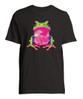 Grafiskt grodmotiv med lekfulla färger på svart t-shirt