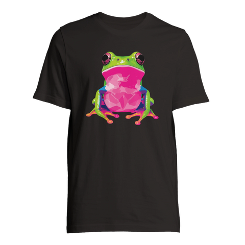 Grafiskt grodmotiv med lekfulla färger på svart t-shirt