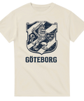 Streetwear-design med Göteborgs-motiv och historiskt stadsvapen på benvit t-shirt