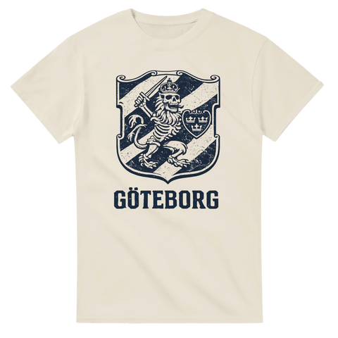Streetwear-design med Göteborgs-motiv och historiskt stadsvapen på benvit t-shirt