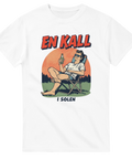 Vit t-shirt med vintage comic-tryck föreställande avkoppling och en kall öl