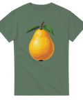 Stiliserat päron med gröna blad på olivgrön t-shirt.