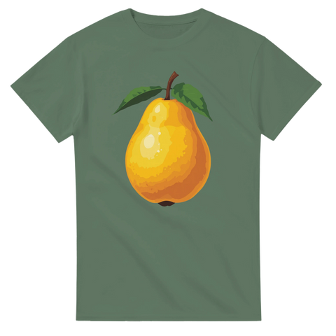 Stiliserat päron med gröna blad på olivgrön t-shirt.