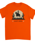 Dramatiskt skelett-motiv i western-stil med kaktusar på orange t-shirt