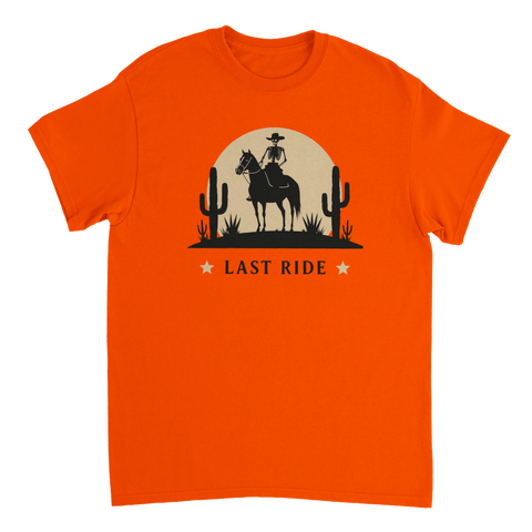 Dramatiskt skelett-motiv i western-stil med kaktusar på orange t-shirt