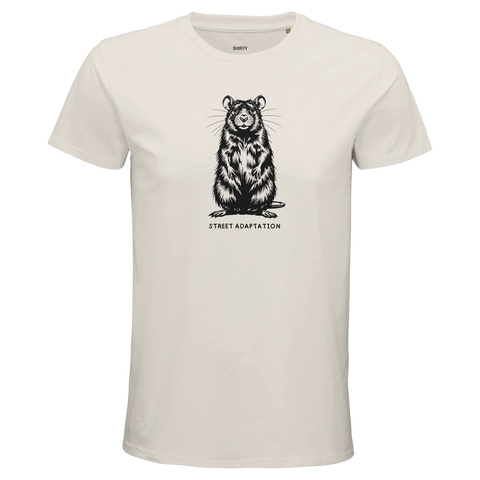 Svart, detaljerad råtta med texten "STREET ADAPTATION" på en vit premium herr-t-shirt.