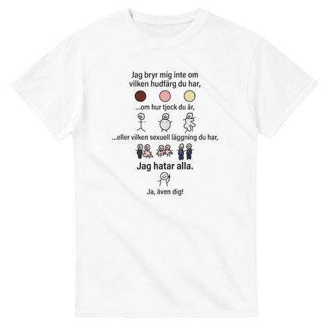Roligt citat-tryck om jämlikhet och misantropi med enkel grafik på en vit t-shirt