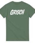 Grisch slang-uttryck i vit grafisk stil på en militärgrön t-shirt
