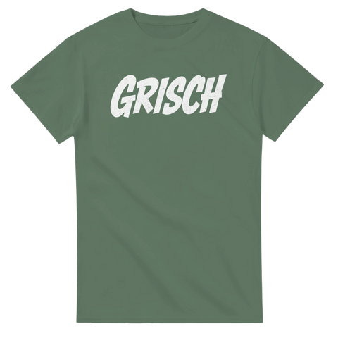 Grisch slang-uttryck i vit grafisk stil på en militärgrön t-shirt