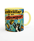 Mugg med texten Tacokvällar är en extremsport, tacos och en katt.