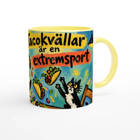 Mugg med texten Tacokvällar är en extremsport, tacos och en katt.