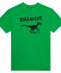 Rollaptor" med dinosaurie som använder rullator, svart tryck på grön t-shirt.
