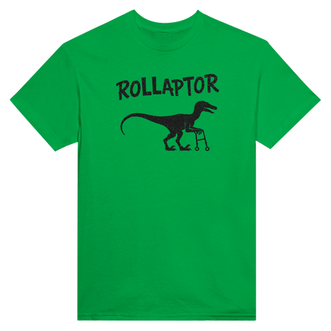 Rollaptor" med dinosaurie som använder rullator, svart tryck på grön t-shirt.