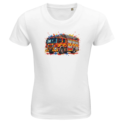 Vit barn-t-shirt med en brandbil och färgstänk