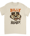 T-shirt i sandfärg med humoristiskt motiv av en rökande grävling