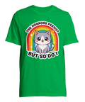 Grön t-shirt med lekfullt men mörkt budskap om att överleva vardagens fasor