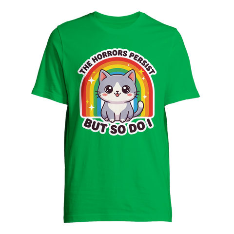 Grön t-shirt med lekfullt men mörkt budskap om att överleva vardagens fasor