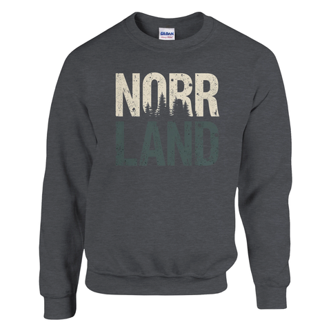 Norrland-tryck med skogssiluett på mörkgrå sweatshirt, vintage-stil.