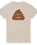 Klassisk bajsemoji med glatt ansikte på beige t-shirt.