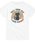 Lekfull illustration av svart katt framför retro-regnbåge på vit t-shirt