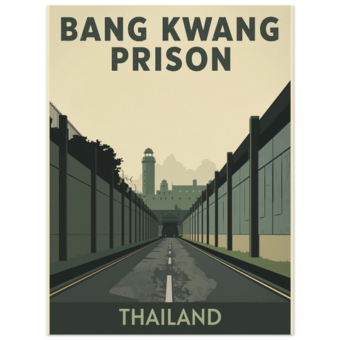 Närbild på en travel poster föreställande thailändskt fängelse i dämpade gröna och grå toner med texten Thailand nertill.