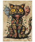 Illustration av en fragmenterad katt med stora gula ögon, utstickande tunga och sprayburkar som svävar i bakgrunden.