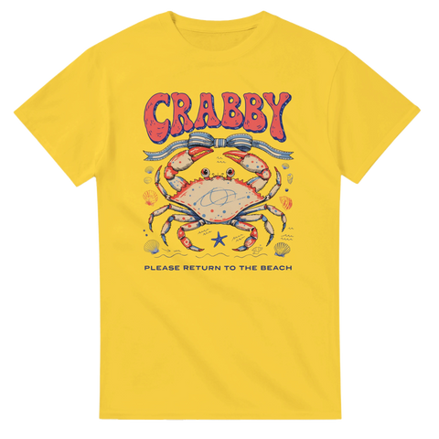 Humoristisk krabba med texten Please return to the beach – gul t-shirt