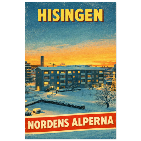 Poster med vintermotiv från Hisingen vid solnedgång, text "HISINGEN NORDENS ALPERNA", retrostil.
