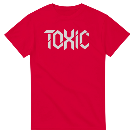Röd t-shirt med modernt och kantigt Toxic tryck i vitt
