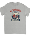 Grafiskt motiv av klassisk röd stuga och granskog på ljusgrå t-shirt