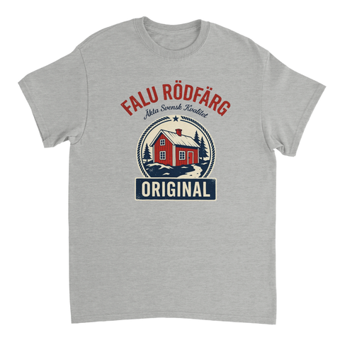 Grafiskt motiv av klassisk röd stuga och granskog på ljusgrå t-shirt