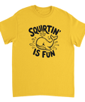 Tecknad val som sprutar vatten – grafisk t-shirt med dubbeltydig humor