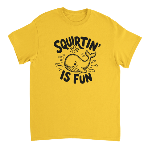 Tecknad val som sprutar vatten – grafisk t-shirt med dubbeltydig humor