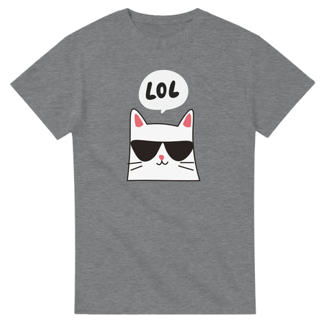 Minimalistisk kattdesign med LOL-textbubbla – gråmelerad t-shirt med attityd