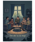Illustration av fem personer i ett vardagsrum med stel stämning och texten Det där sa du högt längst ner.