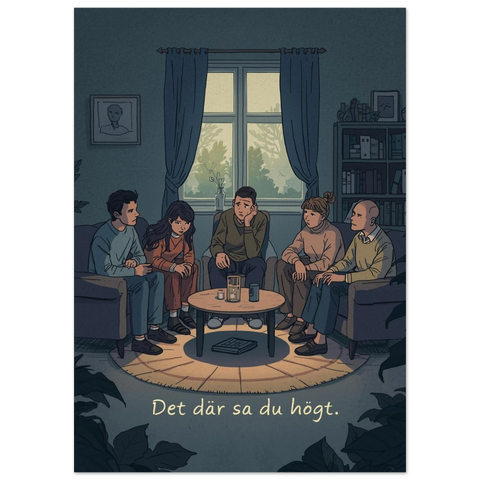 Illustration av fem personer i ett vardagsrum med stel stämning och texten Det där sa du högt längst ner.