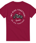 Detaljerad motorcykeldesign med text "We die together" på mörk vinröd t-shirt.