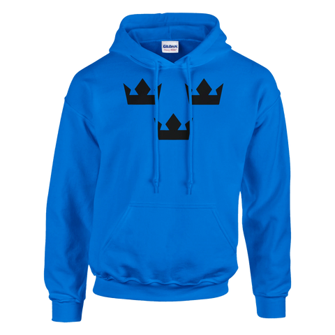 Svensk nationalsymbol med tre svarta kronor på blå hoodie